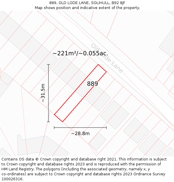 889, OLD LODE LANE, SOLIHULL, B92 8JF: Plot and title map