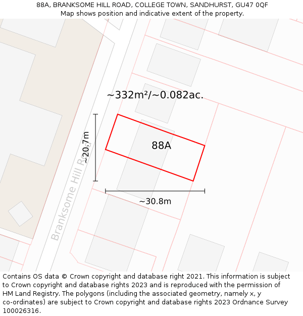88A, BRANKSOME HILL ROAD, COLLEGE TOWN, SANDHURST, GU47 0QF: Plot and title map