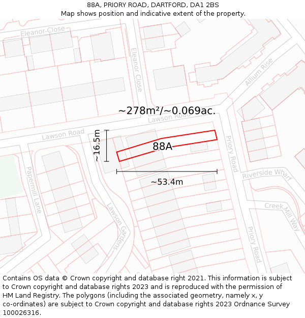 88A, PRIORY ROAD, DARTFORD, DA1 2BS: Plot and title map