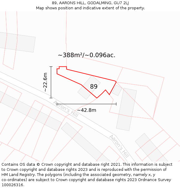 89, AARONS HILL, GODALMING, GU7 2LJ: Plot and title map
