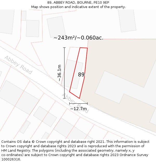 89, ABBEY ROAD, BOURNE, PE10 9EP: Plot and title map