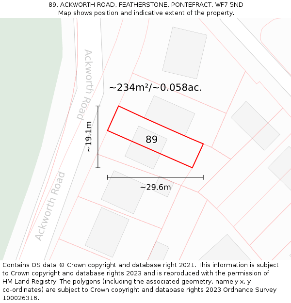 89, ACKWORTH ROAD, FEATHERSTONE, PONTEFRACT, WF7 5ND: Plot and title map