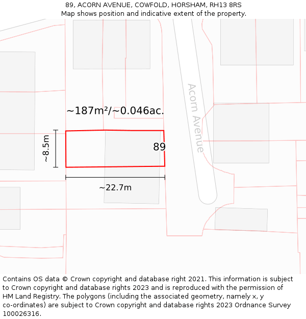 89, ACORN AVENUE, COWFOLD, HORSHAM, RH13 8RS: Plot and title map