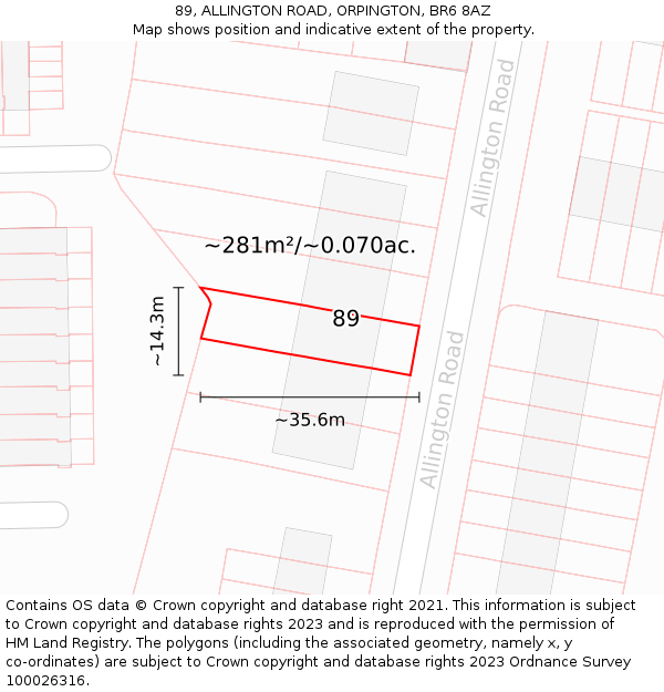 89, ALLINGTON ROAD, ORPINGTON, BR6 8AZ: Plot and title map