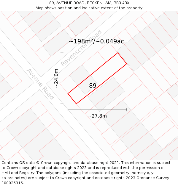 89, AVENUE ROAD, BECKENHAM, BR3 4RX: Plot and title map