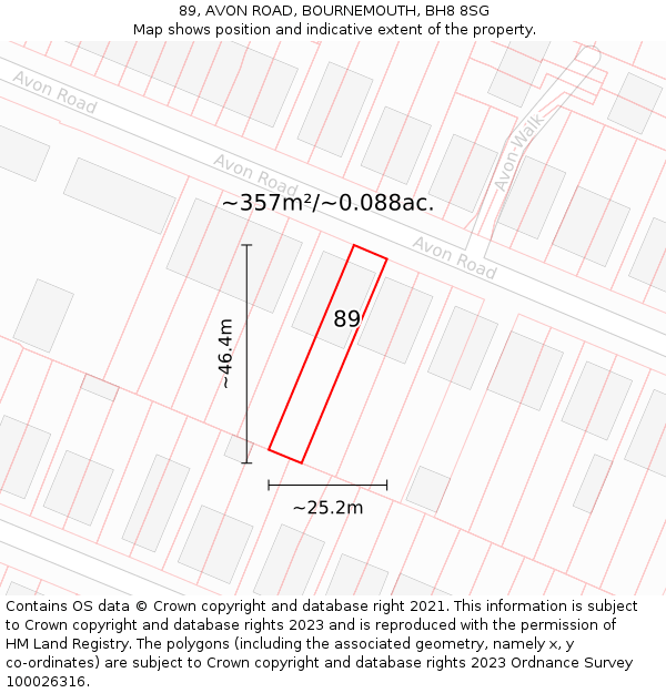 89, AVON ROAD, BOURNEMOUTH, BH8 8SG: Plot and title map