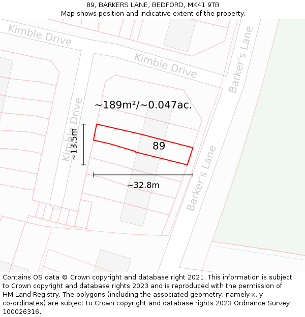 89, BARKERS LANE, BEDFORD, MK41 9TB: Plot and title map