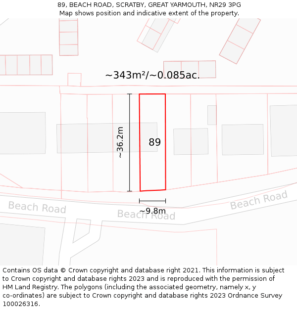89, BEACH ROAD, SCRATBY, GREAT YARMOUTH, NR29 3PG: Plot and title map