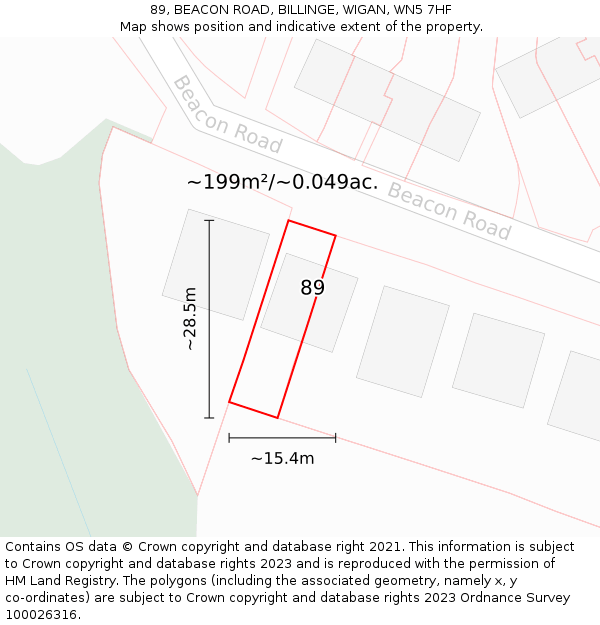 89, BEACON ROAD, BILLINGE, WIGAN, WN5 7HF: Plot and title map