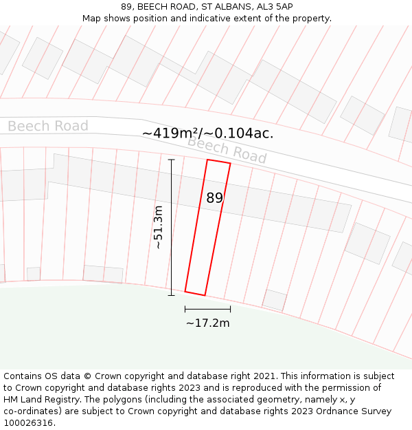 89, BEECH ROAD, ST ALBANS, AL3 5AP: Plot and title map