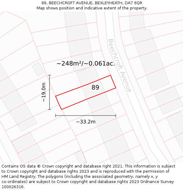 89, BEECHCROFT AVENUE, BEXLEYHEATH, DA7 6QR: Plot and title map