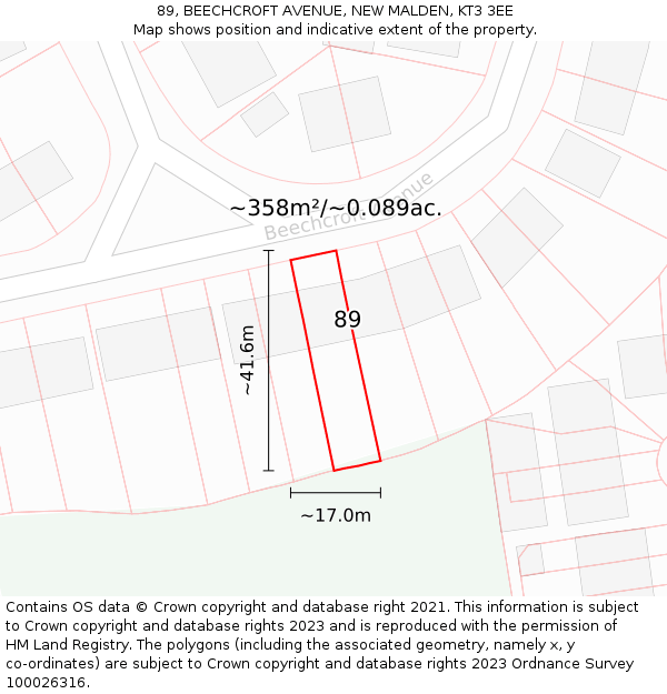 89, BEECHCROFT AVENUE, NEW MALDEN, KT3 3EE: Plot and title map