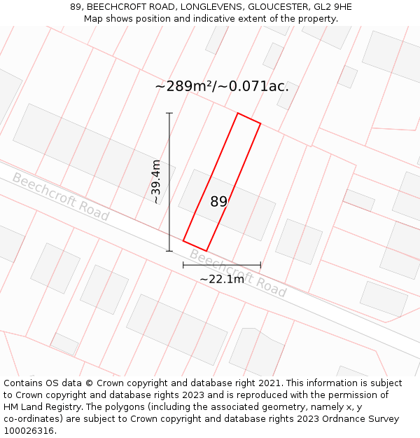 89, BEECHCROFT ROAD, LONGLEVENS, GLOUCESTER, GL2 9HE: Plot and title map