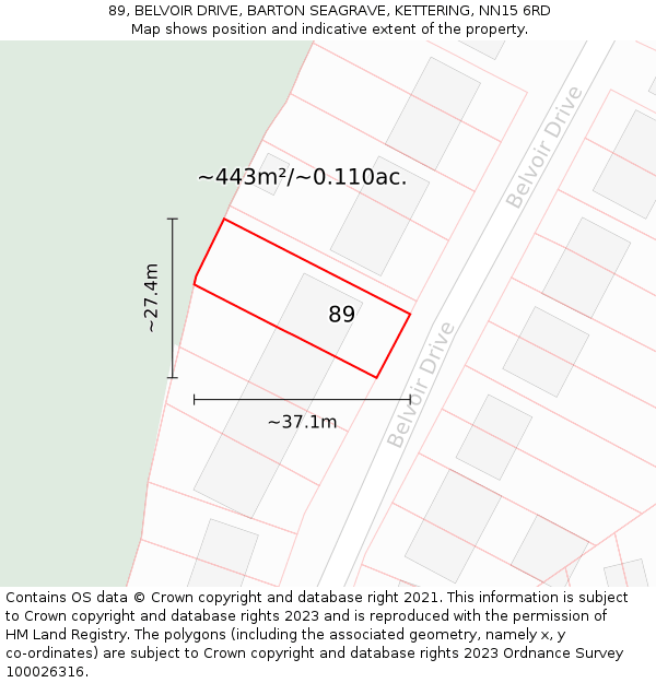 89, BELVOIR DRIVE, BARTON SEAGRAVE, KETTERING, NN15 6RD: Plot and title map