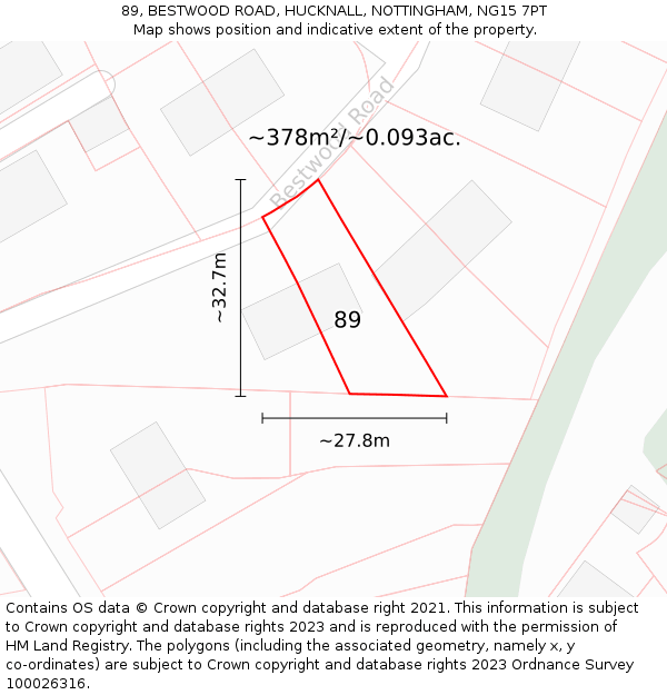 89, BESTWOOD ROAD, HUCKNALL, NOTTINGHAM, NG15 7PT: Plot and title map