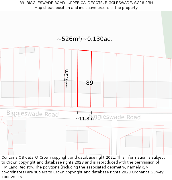 89, BIGGLESWADE ROAD, UPPER CALDECOTE, BIGGLESWADE, SG18 9BH: Plot and title map