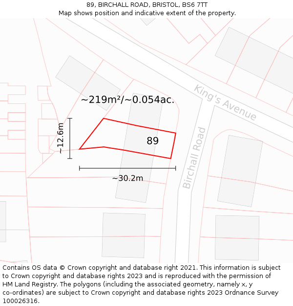 89, BIRCHALL ROAD, BRISTOL, BS6 7TT: Plot and title map