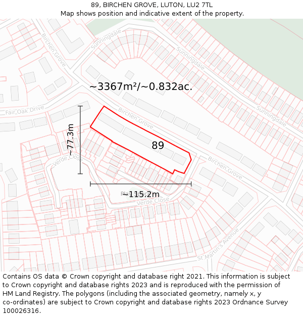 89, BIRCHEN GROVE, LUTON, LU2 7TL: Plot and title map