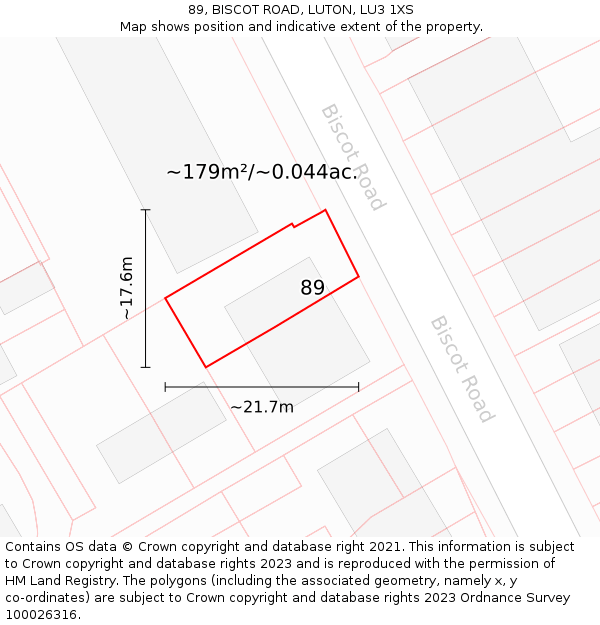 89, BISCOT ROAD, LUTON, LU3 1XS: Plot and title map
