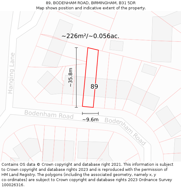 89, BODENHAM ROAD, BIRMINGHAM, B31 5DR: Plot and title map
