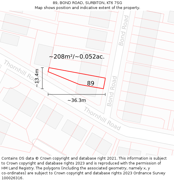 89, BOND ROAD, SURBITON, KT6 7SG: Plot and title map