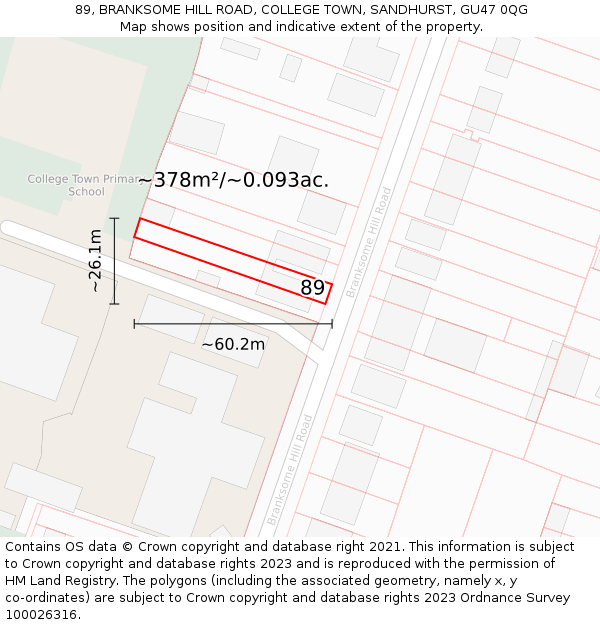89, BRANKSOME HILL ROAD, COLLEGE TOWN, SANDHURST, GU47 0QG: Plot and title map