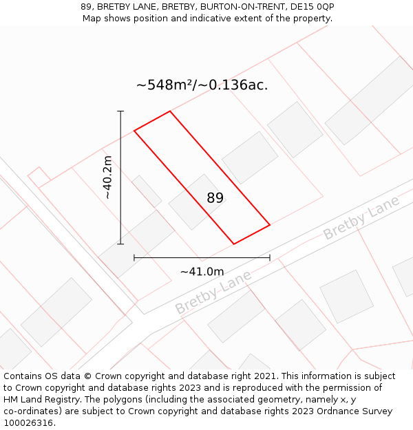 89, BRETBY LANE, BRETBY, BURTON-ON-TRENT, DE15 0QP: Plot and title map