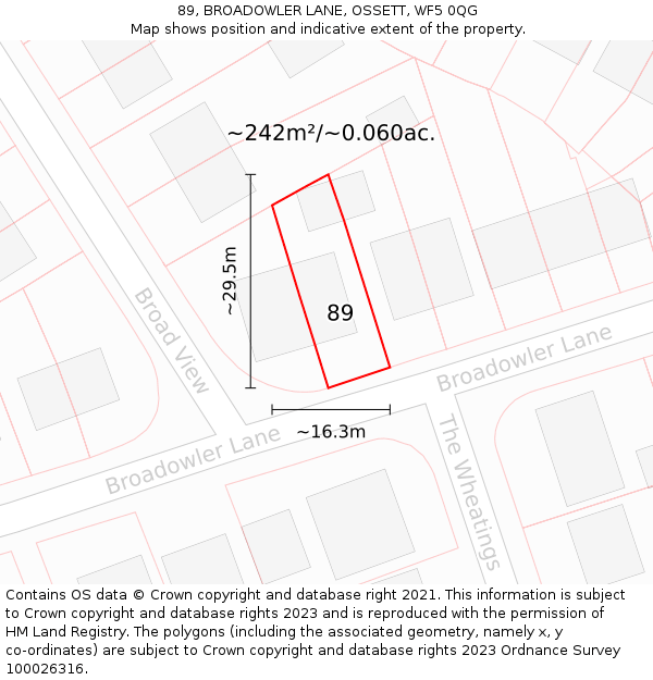 89, BROADOWLER LANE, OSSETT, WF5 0QG: Plot and title map