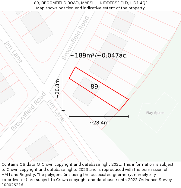 89, BROOMFIELD ROAD, MARSH, HUDDERSFIELD, HD1 4QF: Plot and title map