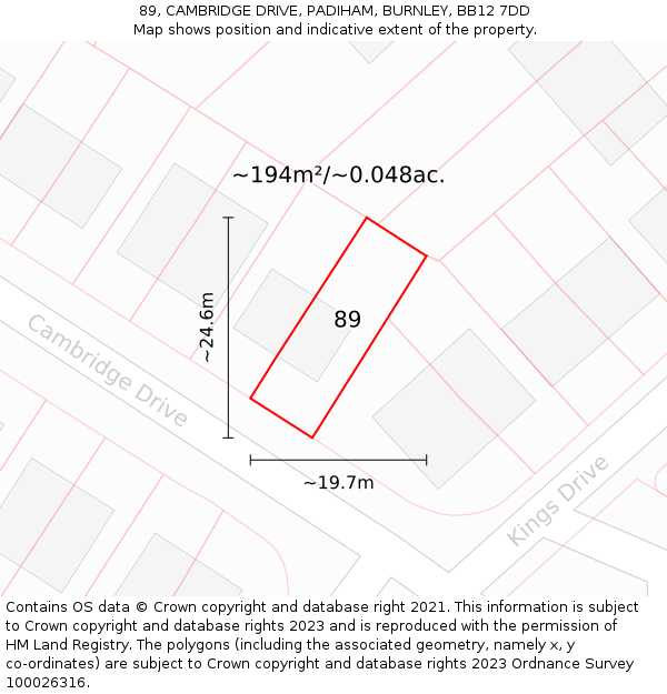 89, CAMBRIDGE DRIVE, PADIHAM, BURNLEY, BB12 7DD: Plot and title map