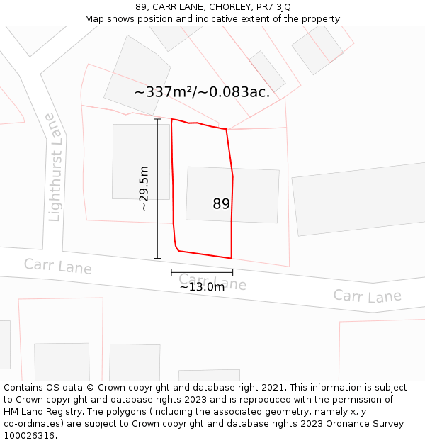 89, CARR LANE, CHORLEY, PR7 3JQ: Plot and title map