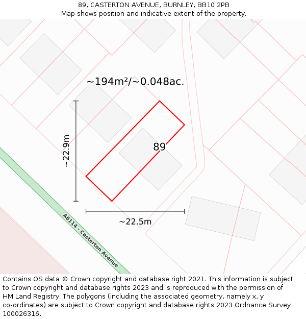 89, CASTERTON AVENUE, BURNLEY, BB10 2PB: Plot and title map