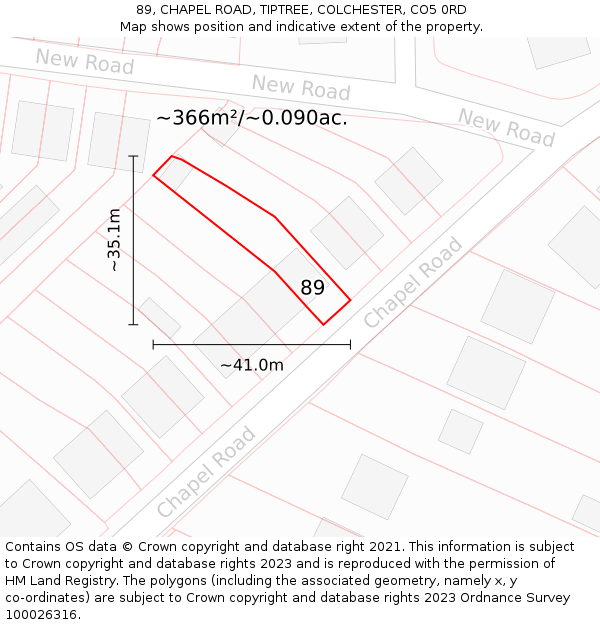 89, CHAPEL ROAD, TIPTREE, COLCHESTER, CO5 0RD: Plot and title map