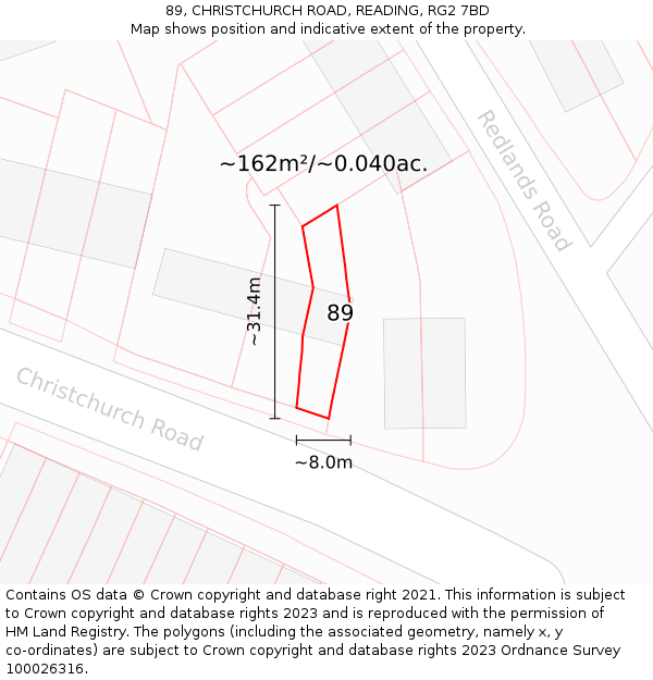 89, CHRISTCHURCH ROAD, READING, RG2 7BD: Plot and title map