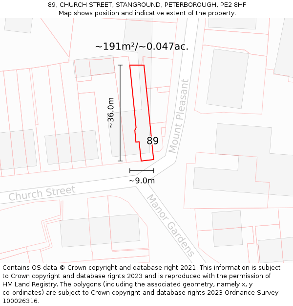 89, CHURCH STREET, STANGROUND, PETERBOROUGH, PE2 8HF: Plot and title map