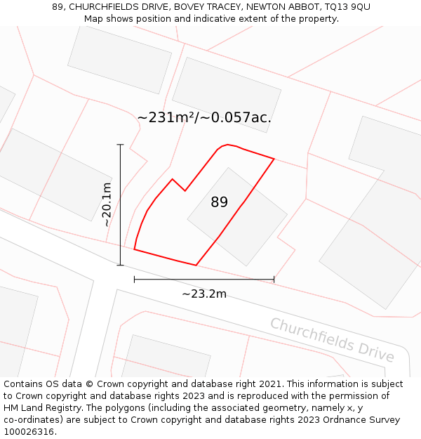 89, CHURCHFIELDS DRIVE, BOVEY TRACEY, NEWTON ABBOT, TQ13 9QU: Plot and title map