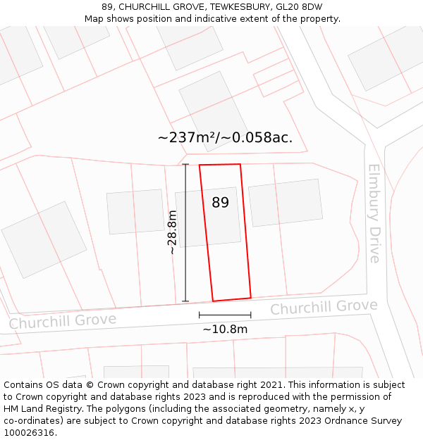 89, CHURCHILL GROVE, TEWKESBURY, GL20 8DW: Plot and title map