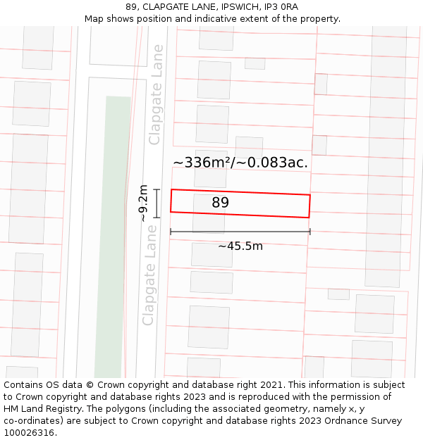 89, CLAPGATE LANE, IPSWICH, IP3 0RA: Plot and title map