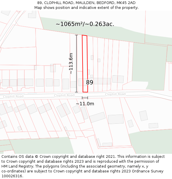 89, CLOPHILL ROAD, MAULDEN, BEDFORD, MK45 2AD: Plot and title map