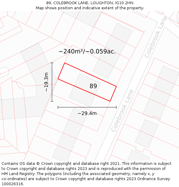 89, COLEBROOK LANE, LOUGHTON, IG10 2HN: Plot and title map