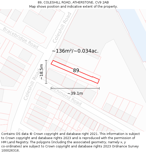 89, COLESHILL ROAD, ATHERSTONE, CV9 2AB: Plot and title map