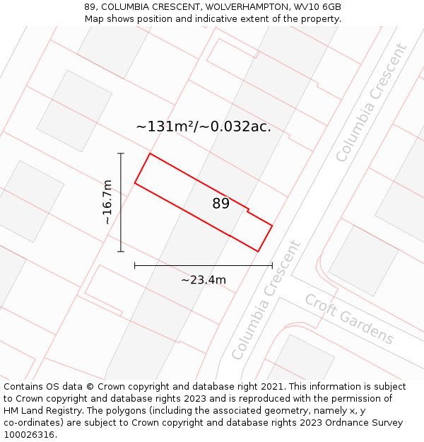 89, COLUMBIA CRESCENT, WOLVERHAMPTON, WV10 6GB: Plot and title map