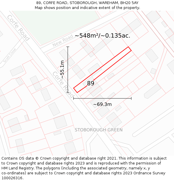 89, CORFE ROAD, STOBOROUGH, WAREHAM, BH20 5AY: Plot and title map