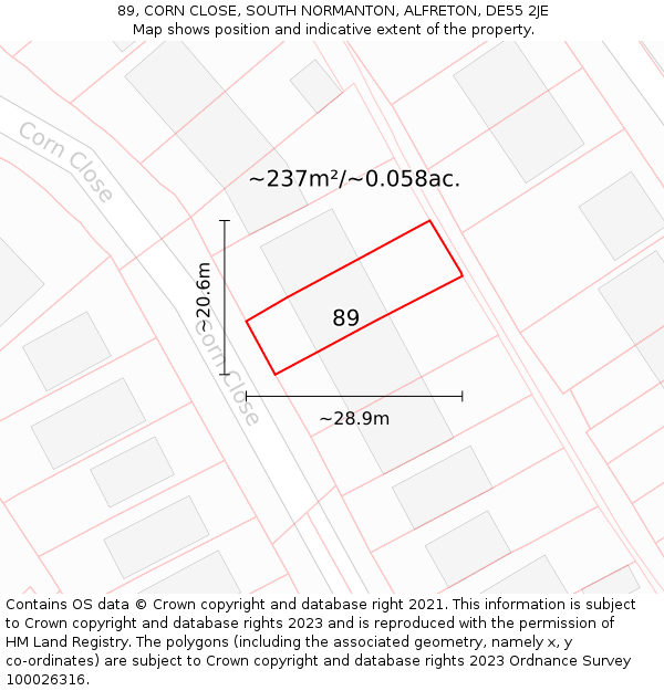 89, CORN CLOSE, SOUTH NORMANTON, ALFRETON, DE55 2JE: Plot and title map