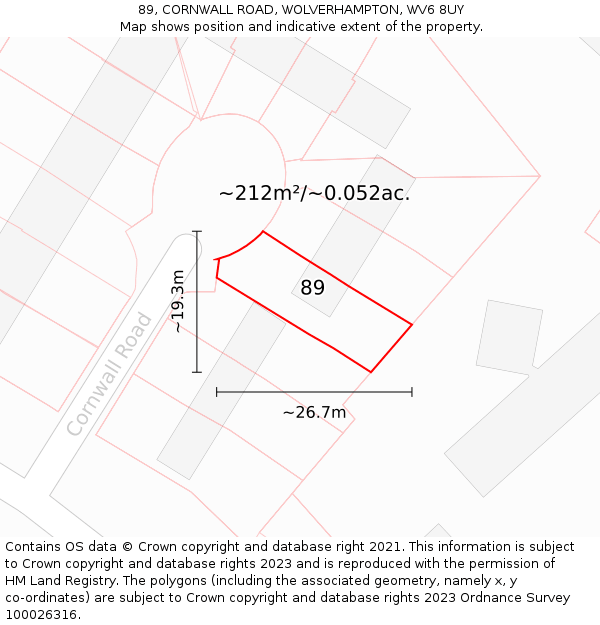 89, CORNWALL ROAD, WOLVERHAMPTON, WV6 8UY: Plot and title map