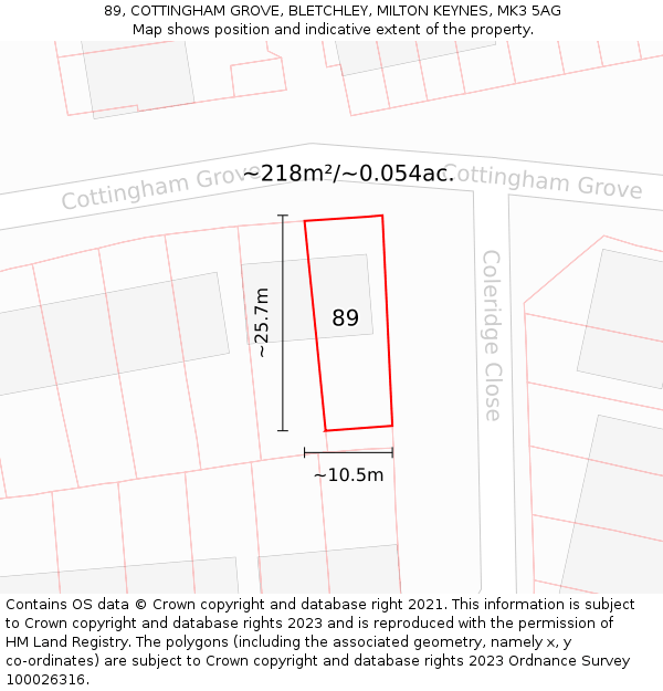 89, COTTINGHAM GROVE, BLETCHLEY, MILTON KEYNES, MK3 5AG: Plot and title map
