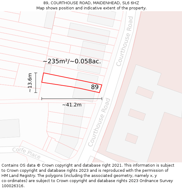 89, COURTHOUSE ROAD, MAIDENHEAD, SL6 6HZ: Plot and title map