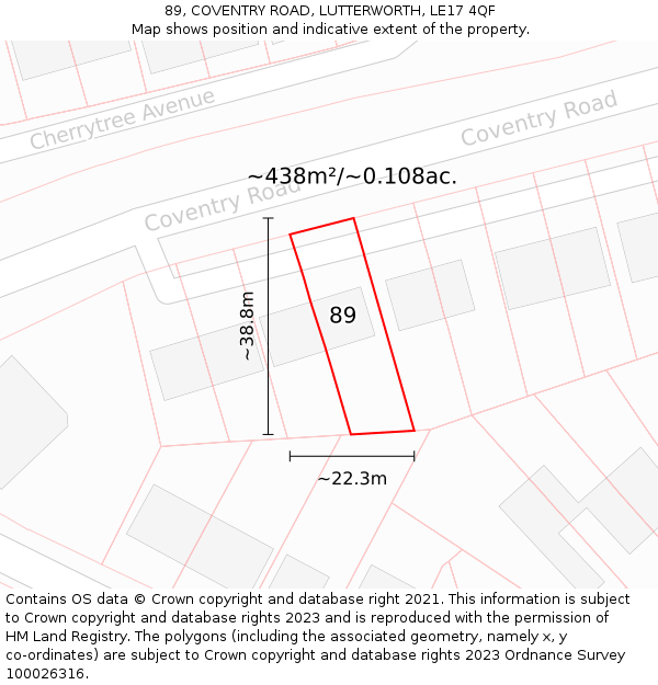 89, COVENTRY ROAD, LUTTERWORTH, LE17 4QF: Plot and title map