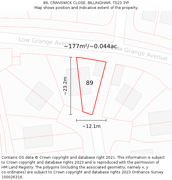 89, CRANSWICK CLOSE, BILLINGHAM, TS23 3YF: Plot and title map