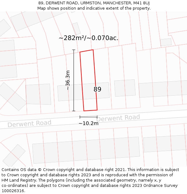 89, DERWENT ROAD, URMSTON, MANCHESTER, M41 8UJ: Plot and title map